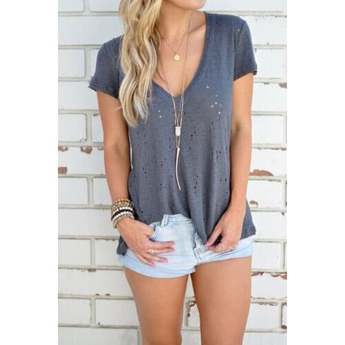 Tops T-shirt Fashion Summer Women V neck Loose Broken Hole Casual