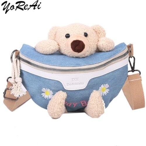 Women Waist Bags New Casual Cartoon Female Messenger Shoulder Bags Cute Crossbody Fashion Canvas Bags Mini Bear Mobile Phone Bag