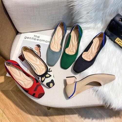 High Heels Square Toe Womens Shoes Mid-heeled Flying Leopard Print Womens Thick Comfortable Woven High Heels Ladies Shoes