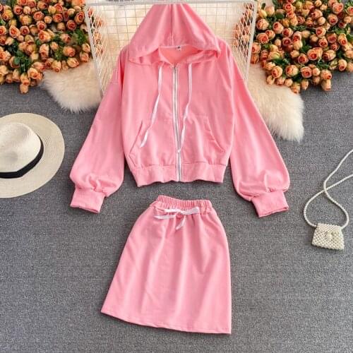 Womens 2 Pieces Skirt Set Solid Color Hooded Collar Sportswear Loose Stright Sweatshirt & High Waist A-line Skirts Female 2021