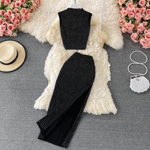 Heavy Work Beading Black 2 Pcs Women Set O Neck Sleeveless Short Top + High Waidt Hip A Line Split Skirt Suit Summer