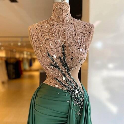 High Neck Lace Top Evening Dress Sequins Overskirt Ruched Satin Prom Gowns Custom Made Beading vestido de novia