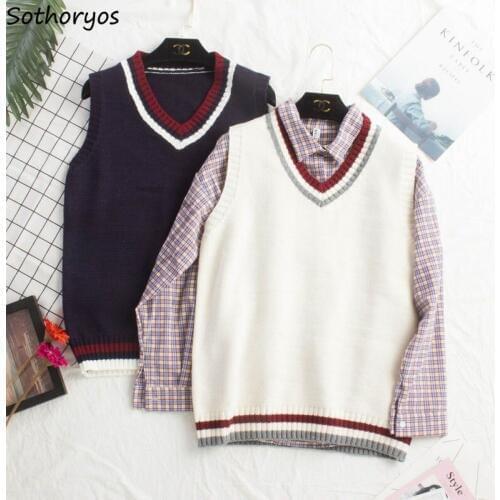 Vest Women Patchwork Sleeveless Stylish Casual V-Neck Korean Style Students Simple Outwear Knitted Female Coats All-match Daily