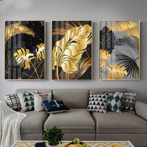 Golden abstract leaf flower Nordic wall art painting DIY diamond painting cross stitch embroidery living room decoration paintin