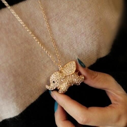 1 PC Cute Luck Elephant Rhinestone Pendant Necklace Lovely Long Sweater Chain 3D Necklace Jewelry