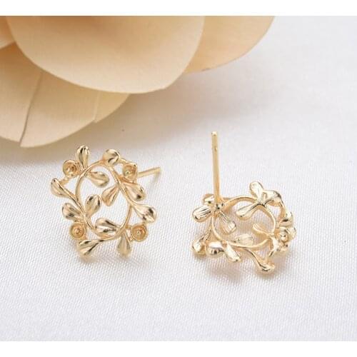 6PCS 12MM 24K Gold Color Brass Leaf Leaves Stud Earrings High Quality Diy Jewelry Findings Accessories