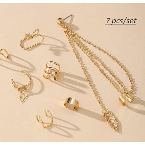 7 Pcs/set of Retro Tassel Chain Alloy Ear Clip Earrings Bohemian Female Geometric Leaf Star Earrings Jewelry Party Gift