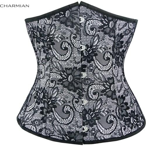 Charmian Womens Sexy Gothic Paisley Vintage Jacquard Brocade Plastic Bone Waist Cincher Lingerie Underbust Corset Top Shapewear