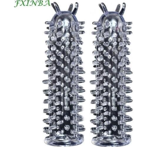 FXINBA 2Pcs/Set Silicone Transparent Spike Reusable Condom G-Spot Penis Sleeve Extender Dick Enlargement Adult Sex Product Toys