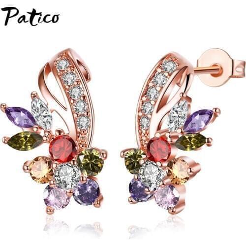 Colorful AAA Zircon Stud Earrings For Women 925 Sterling Silver Rose Gold Color Ear Studs Korean Ins Popular Jewelry
