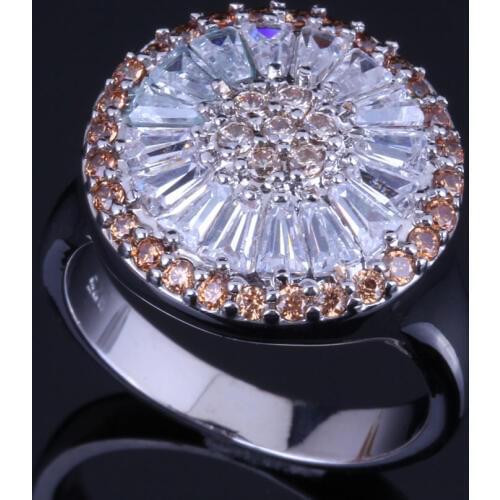 Exquisite Round Brown Cubic Zirconia White CZ Silver Plated Ring V0481