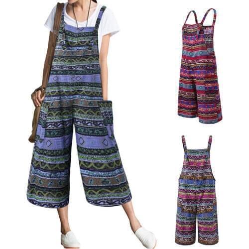 Women Retro Sleeveless Printed Pockets Bib Overall Jumpsuit Wide Leg Capri Pants suitable for work street wear travel