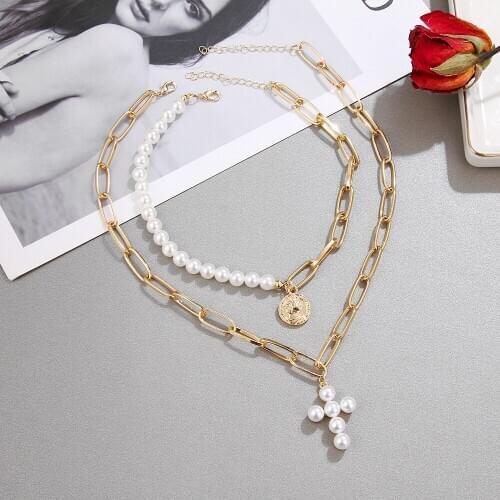 2 PCS Hip Hop Fashion Big Chain Pearl Choker Necklace for Women Multi Layered Cross Medallion Portrait Coin Pendant Necklace