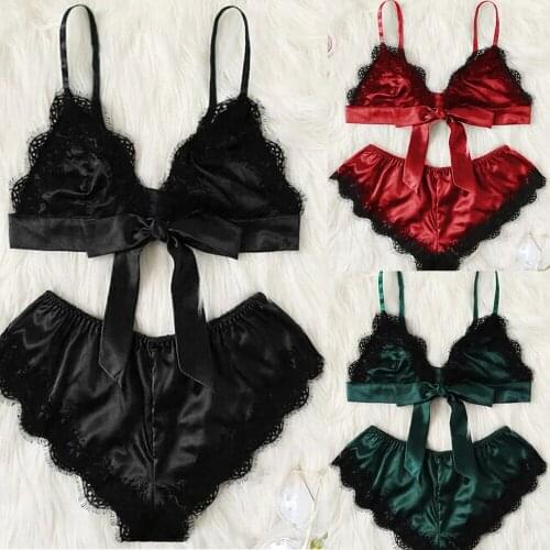 Spring and Summer Sexy Lace Perspective Temptation Pajamas Three-point Sling Lace Sexy Lingerie Set