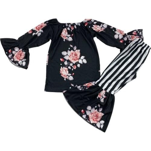 Boutique little girls set floral print bell sleeves and stripe bell bottom children clothing baby outfits