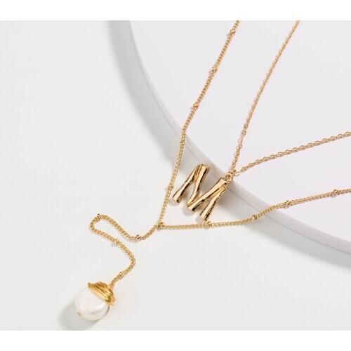 LOYE Fashion Double Layer Necklace Golden Alphabet M Freshwater Pendant Necklace for Women Summer Jewelry