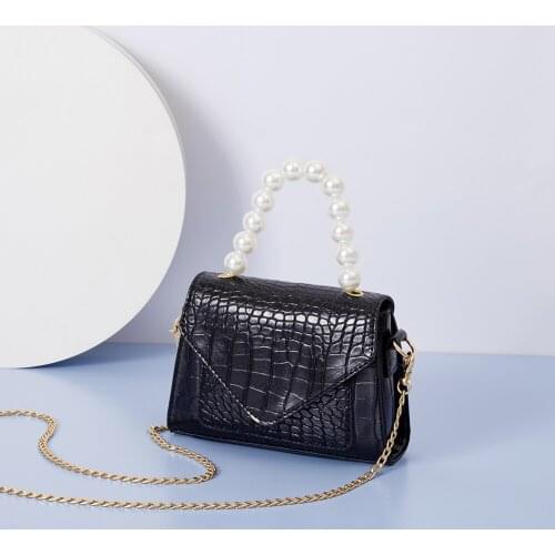 Fashion Exquisite Shopping Bag Women Chain Pearl PU Leather Alligator Pattern Shoulder Crossbody Flap Handbag