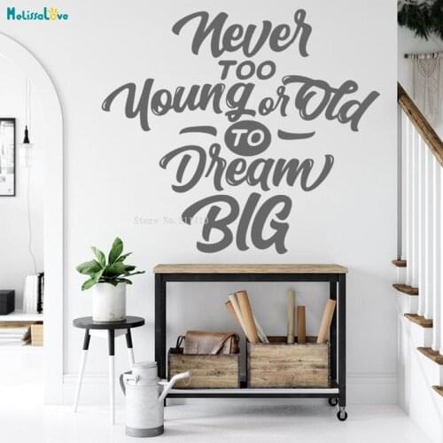 Never Too Young Or Old To Dream Big Inspire Office Quote Wall Sticker Studio Business Motivation Decor Decals Removable YT3849