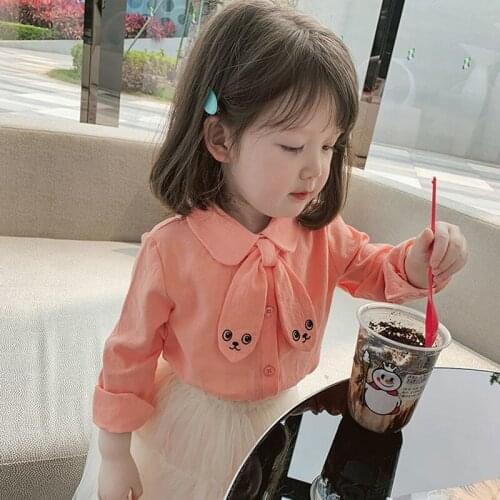 2021 New Girls Spring Embroidered Solid Color Cotton Linen Long-Sleeved Childrens Spring Autumn Shirt Top