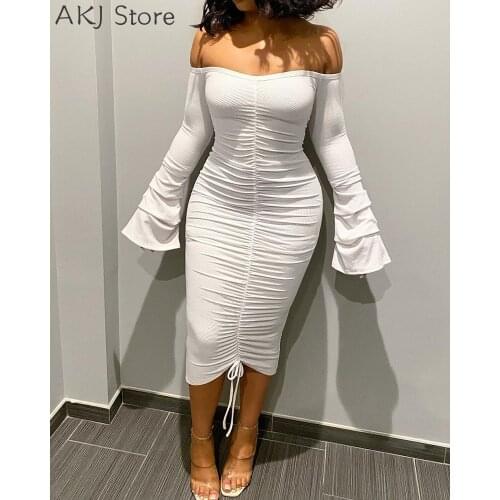 Sexy Off Shoulder Ribbed Ruched Bodycon Dress Women Solid Color Flare Sleeve Drawstring Midi Dress
