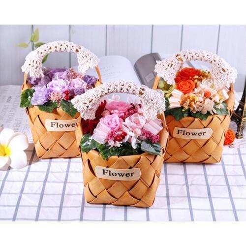 Pink/Purple/Orange Mixed Preserved Fresh Flowers with Bamboo Basket For Wedding Party Birthday Valentines Day Gift Favors