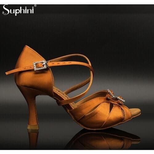 Suphini double Buckle Basic Deep Tan Satin Salsa Latin Dance Sandals