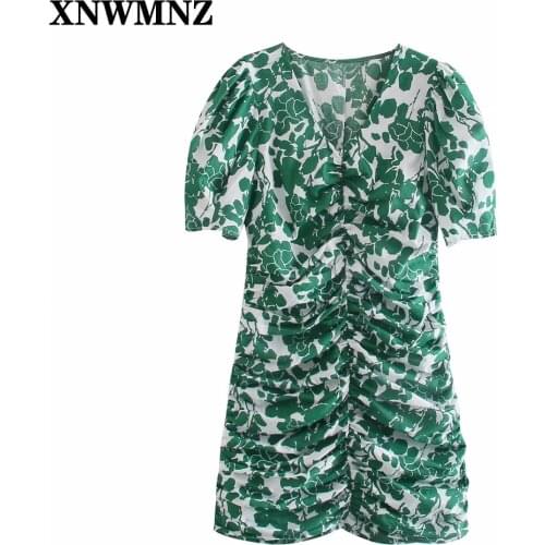 XNWMNZ 2021 Dress Women Summer Fashion Floral Print Folds Mini Dress Vintage Puff Short Sleeve Female Dresses Vestidos Mujer