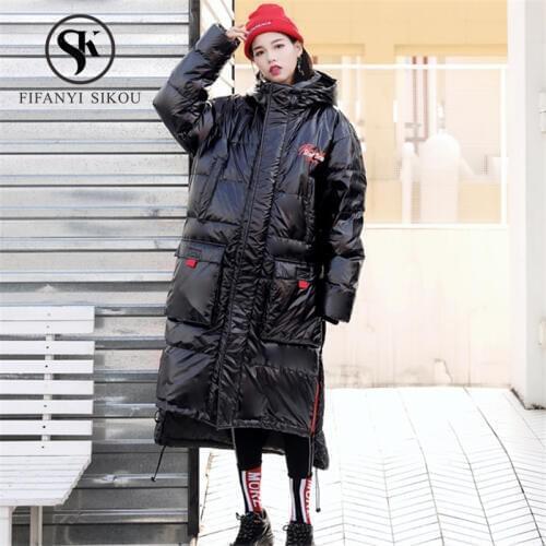 2019 Winter jacket women Streetwear Overcoat Fashion Print Black Long Hooded Parkas Thick warm Cotton Padded Winter Coat Female
