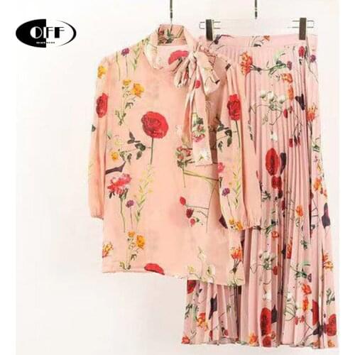 Designer Elegant Women Blouses And Floral Pleated Skirt Pink Vintage Casual Party Bow Tops midi Skirts Two Piece Set Suits Femme