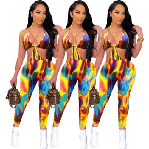 Echoine Women Tie-dye Print Summer Elegant Sleeveless Bandage Hollowed-Out Sexy Lady Party Beach Jumpsuits Full Pant Rompers