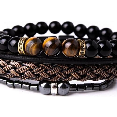 3 PCs Bracelet Set Tiger Eye, Hematite, Leather Bracelet Natural Stone Bracelet 10001