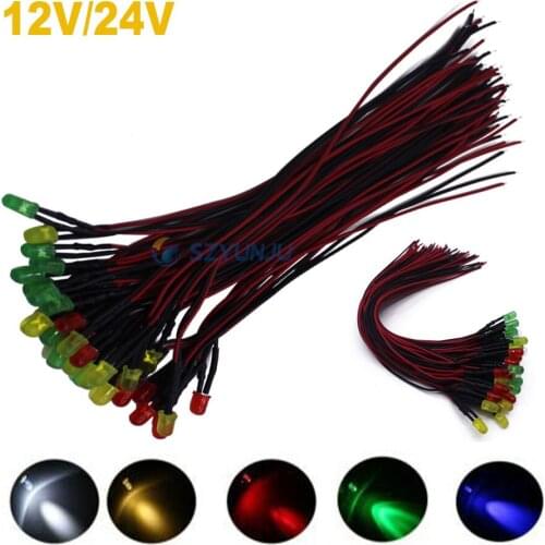 12V/24V F5mm 2PIN LED light Diffused Frosted Emitting Diode Frosted Round Red Grenn Blue Wihte warm whtie 20cm Cable Pre-Wired