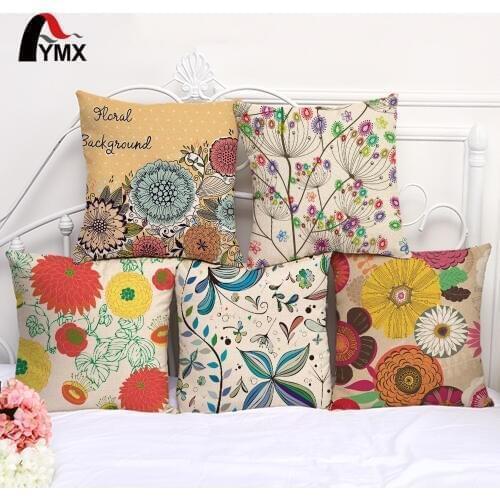 Cotton and Linen Sofa Plant Pillow Case Colorful Flowers Printing Cushion Cover for Car Office 45*45cm Pillowcases cojines