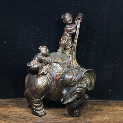 9"Chinese temple collection Old Bronze Cinnabar Lacquer Elephant statue Boy play elephant Office Ornaments Town House Exorcism