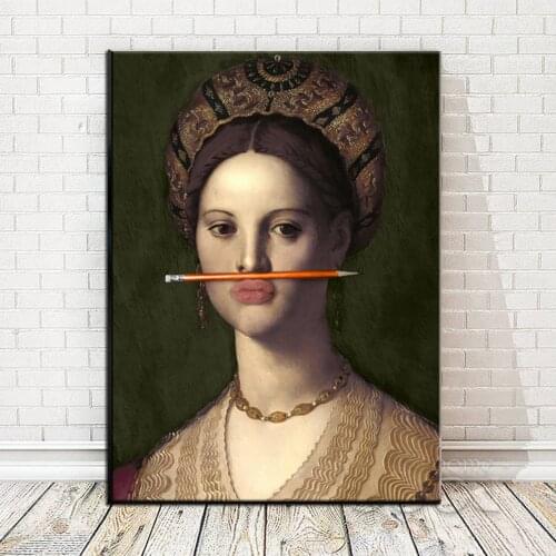 Classical European Oil Woman Cavans Fun Lips Pen Painting Posters and Prints Wall Art Picture for Room Home Decora Cuadros