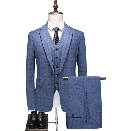 Jacket+Pants+Vest New Arrival Plaid Suit Men Clothing Slim Fit Wedding Dress Business Casual Formal Wear Plus Size 5XL