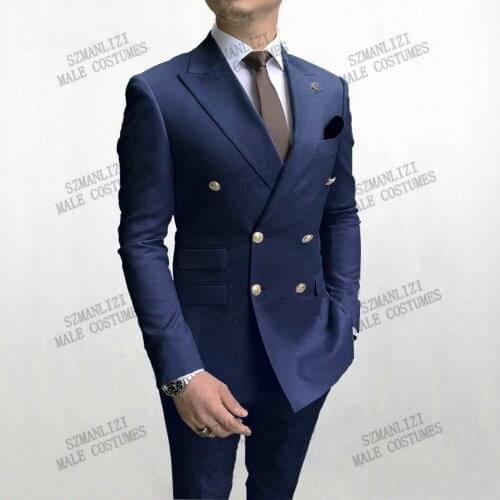 Hot Selling Navy Blue Double Breasted 2 Piece Mens Suits Groom Wedding Tuxedos Customize Best Man Blazer Pants Men Wedding Suit