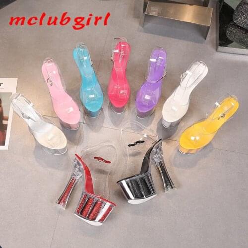 Mclubgirl Roses Super High Heels Chunky-Heel Platform Sandals Transparent Crystal Shoes Wedding Shoes Crystal Sandals LFD