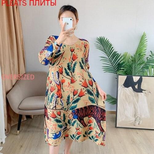 Miyake Pleated Dress Summer New Retro Ethnic Style Loose Show Thin Printed Dresses Large Size PLEATS Vestido Shein De Mujer Robe