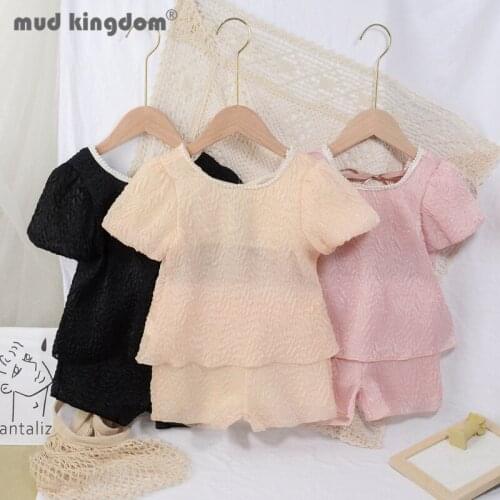 Mudkingdom T-shirts Shorts Sets for Girls Summer Back Belt Pearl Puff Sleeve Tops Elastic Waist Short Pants Outfits Kids Clothes