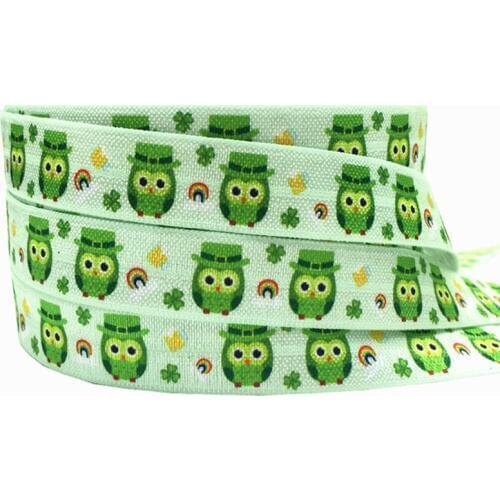 St. Patricks day 16mm new cartoon fold over elastic band owl rainbow leaf Print DIY handmade materials hair bow gift wrap 10Y