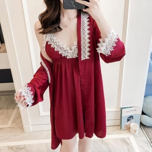 Summer New Sexy Nightgown with Sling Nightdress Robe 2Pcs Sets Home Wear Korean Version Ice Silk Pajamas Womens Night Shirt