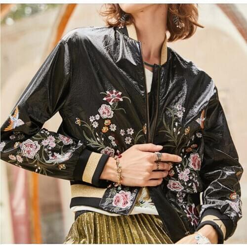 Autumn 2020 new embroidered thread printed zipper long sleeve Pu fabric short black coat woman