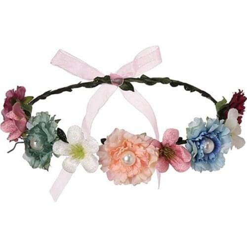 Adjustable Floral Garland Handmade Pearl Decor Flower Wreath Headband with Ribbon for Wedding Festival Photo Props