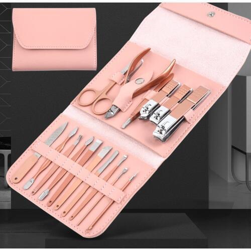 Rose Gold 12/16pcs/set Nail Clipper Scissors Folding Bag Nail Tools Multifunction Makeup Kits Manicure Set Hand Foot Care Tools
