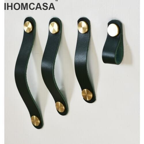 IHOMCASA Nordic Rural Style Drawer Knobs Kitchen Wardrobe Cupboard Shoe Cabinet Handles Gold Door Pulls Green Ltalian Leather