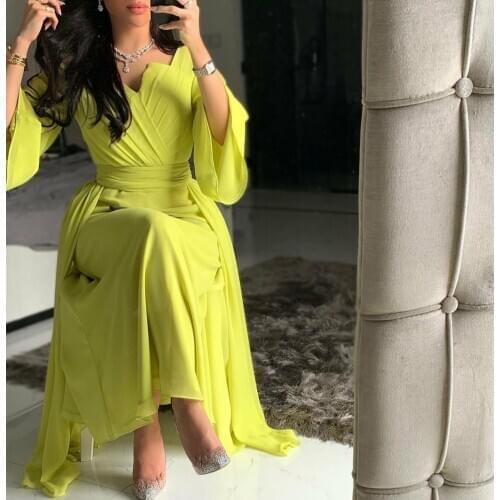 Long Sleeve A-Line Chiffon vening Dresses with Pockets V-Neck Floor Length Zipper Back Pleated Formal Party Dress for Women