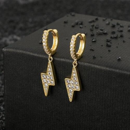 Hip HOP Gold Plating Earrings CZ Bling Ice Out Stud Earring Cubic Zironia Stone Lightning Earrings Fine Jewelry for Men Women