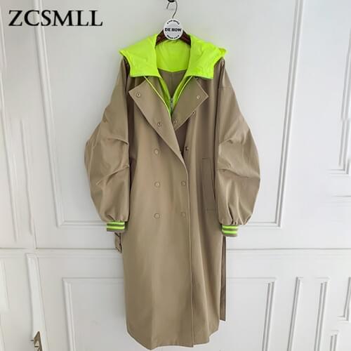 ZCSMLL 2021 Spring New Hooded Trench Coat Korean Plus Size Khaki Long Coat Female Trenchcoat Overcoat Fall Clothes TM1791
