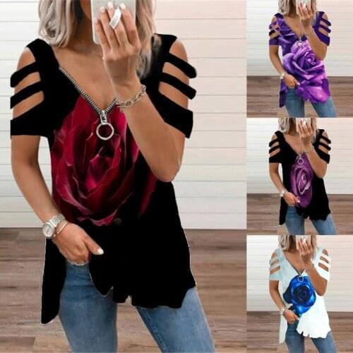 2021 Women Zipper Hollow Out Short Sleeve Summer T-Shirt Rose Printed Lady Streetwear Casual Oversized Loose Tops Elegant Tees